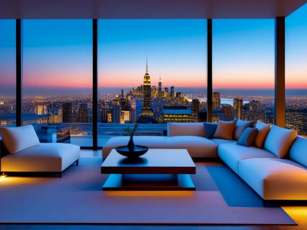 Penthouse de lujo con vista panorámica a la ciudad al atardecer Invierte en propiedades de lujo: Ático moderno con vista panorámica de la ciudad al anochecer y decoración contemporánea