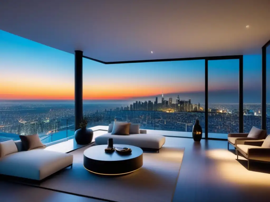 Penthouse de lujo con terraza privada y vista urbana en atardecer Invertir en propiedades de lujo: Ático moderno con vistas a la ciudad y terraza con piscina infinita al atardecer