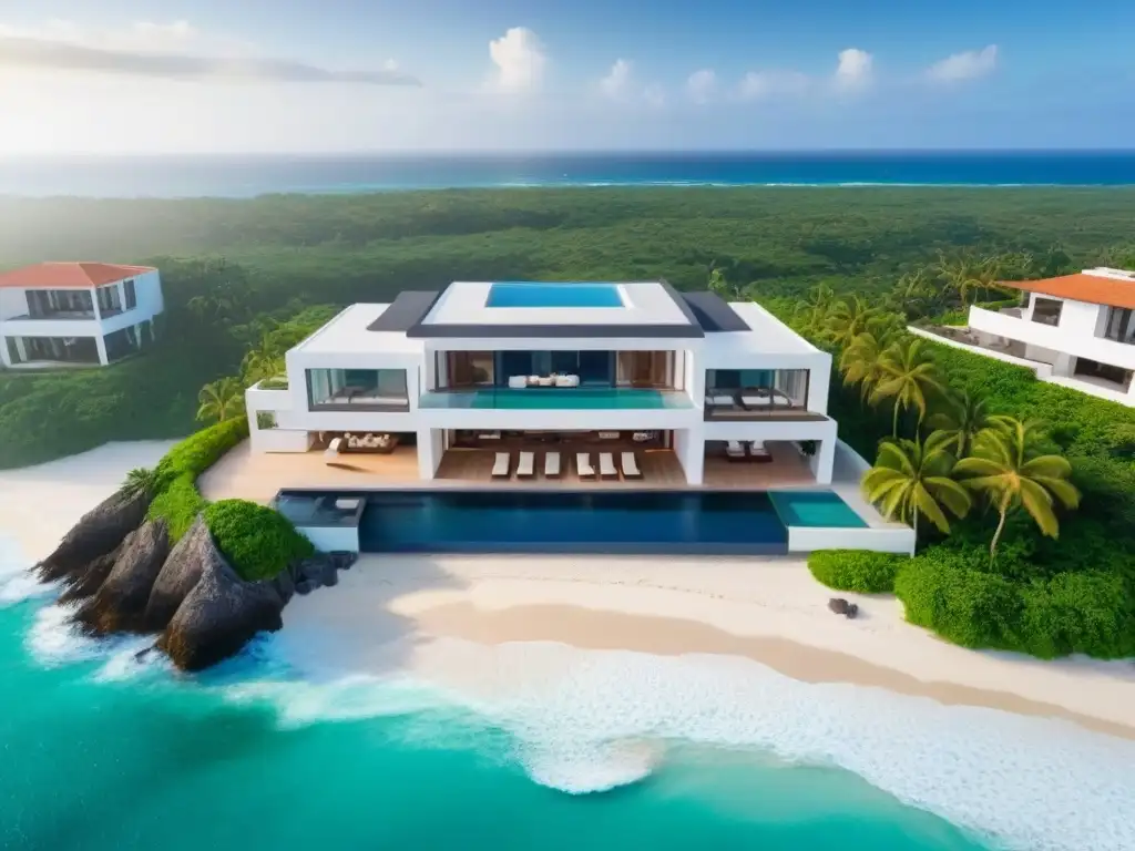 Villa de lujo en México: vista aérea exclusiva de propiedad en playa Inversión en propiedades de lujo: Villa contemporánea con piscina infinita y helipuerto en la playa de México
