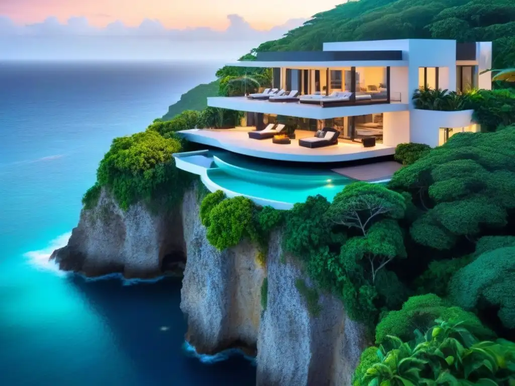 Villa de lujo con vista al mar Caribe: atardecer exclusivo Propiedades de lujo en Sudamérica: Exclusiva villa moderna en acantilado con piscina infinita y vistas al mar Caribe al atardecer