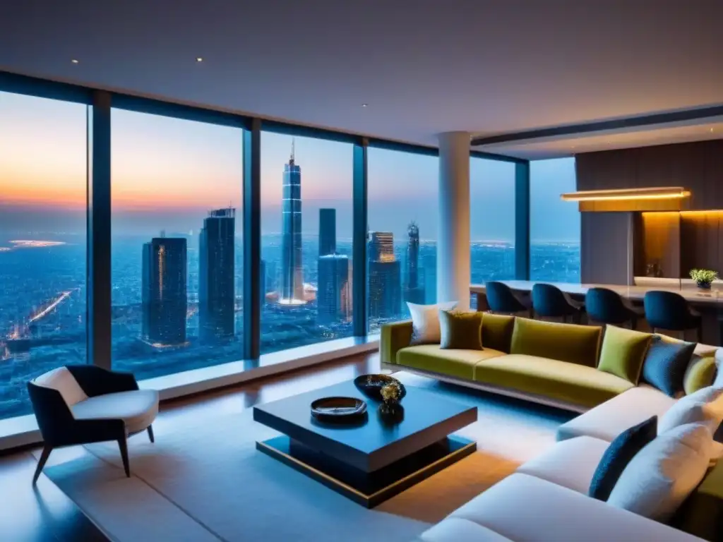 Penthouse de lujo con vista panorámica nocturna de la ciudad Inversión en propiedades de lujo en mercados emergentes: lujoso ático moderno con vista panorámica de la ciudad de noche