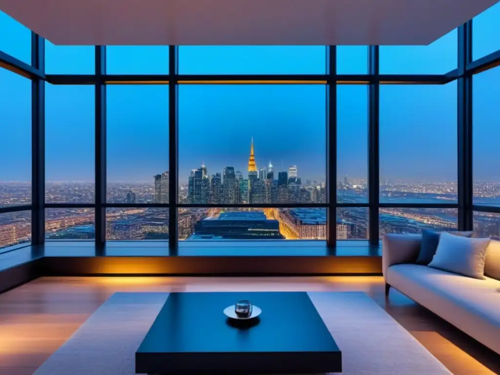 Penthouse de lujo con vista a la ciudad al atardecer Inversión en propiedades de lujo en mercados emergentes: penthouse moderno con vista nocturna de la ciudad y diseño sofisticado
