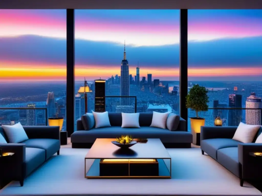 Penthouse de lujo con vista a la ciudad al atardecer Inversión en propiedades de lujo en mercados emergentes: Penthouse moderno con vista a la ciudad al atardecer, diseño elegante y exclusivo