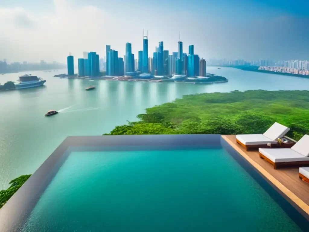 Propiedad de lujo frente al mar en ciudad emergente: opulencia urbana Inversión en propiedades de lujo en mercados emergentes: Exclusiva propiedad frente al agua con moderna arquitectura y piscina infinita con vista a la ciudad