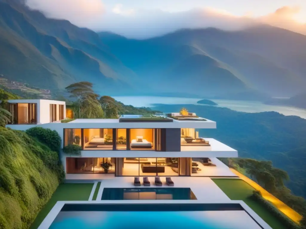 Mansión de lujo en los Andes: diseño moderno y vistas infinitas Compra propiedades de lujo en Sudamérica: mansión moderna en los Andes con diseño elegante, ventanas amplias y piscina infinita sobre un lago