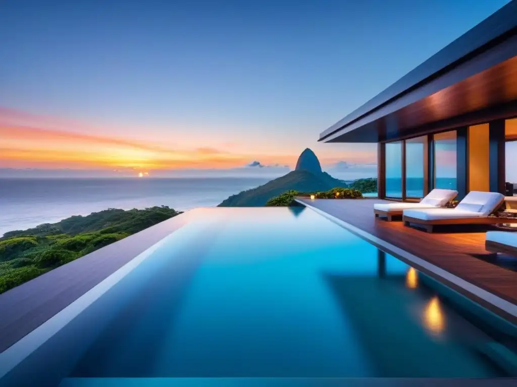 Residencia de lujo frente al mar en Sudamérica: diseño moderno y exclusividad Inversión en propiedades de lujo: Casa moderna de lujo frente al mar en Sudamérica con piscina infinita y diseño elegante al atardecer