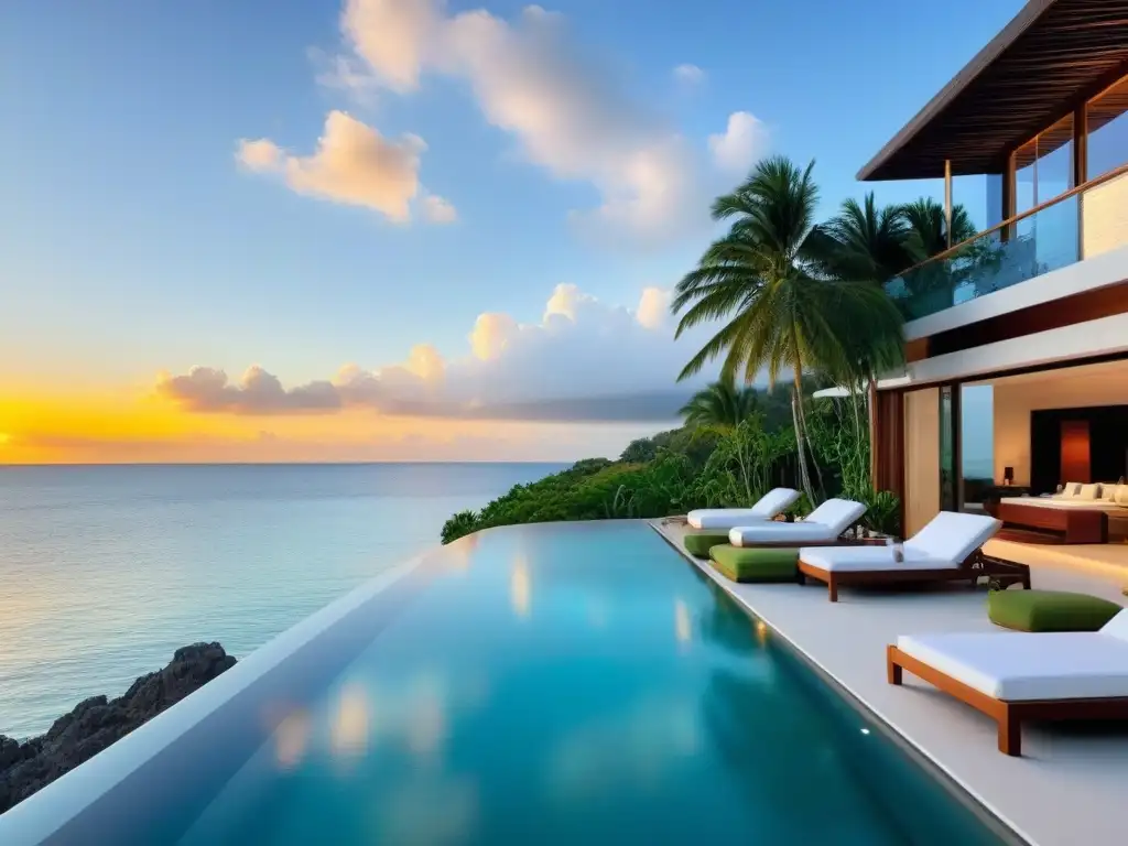 Villa de lujo en México: arquitectura moderna con vistas al mar Inversión en propiedades de lujo: Villa moderna frente al mar en México con piscina infinita y yate privado al atardecer