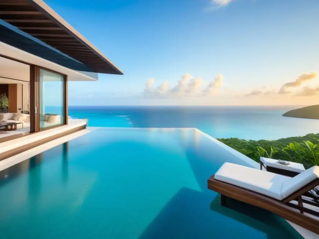 Penthouse de lujo con vistas al mar Caribe: diseño moderno y sofisticado Inversión en propiedades de lujo: Penthouse moderno con vista al mar Caribe, piscina infinity y terraza elegante al atardecer