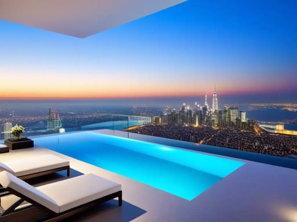 Penthouse de lujo con piscina infinita y vistas panorámicas al atardecer Invertir en propiedades de lujo: Penthouse moderno con vistas panorámicas al atardecer en la ciudad y una piscina infinita privada