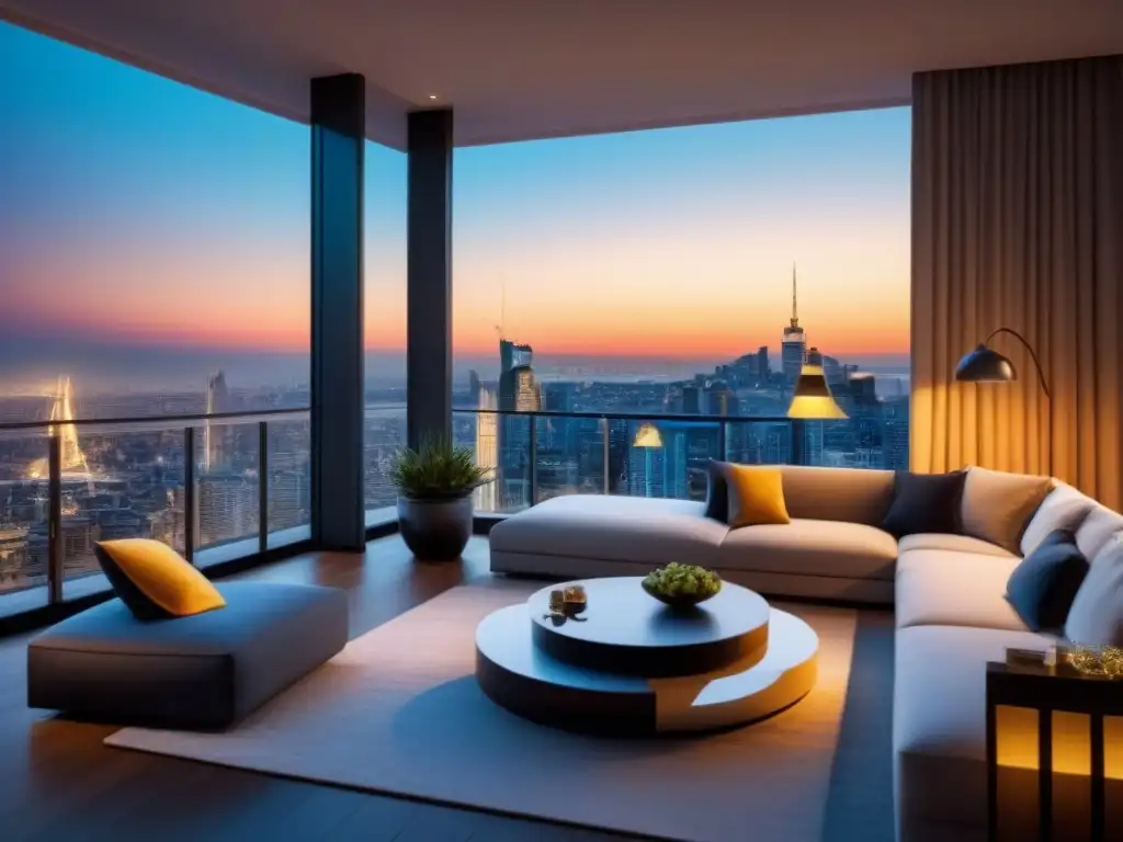 Penthouse de lujo con vista panorámica al atardecer Invertir en propiedades de lujo: Penthouse moderno con vista a la ciudad al atardecer, diseño elegante y terraza privada