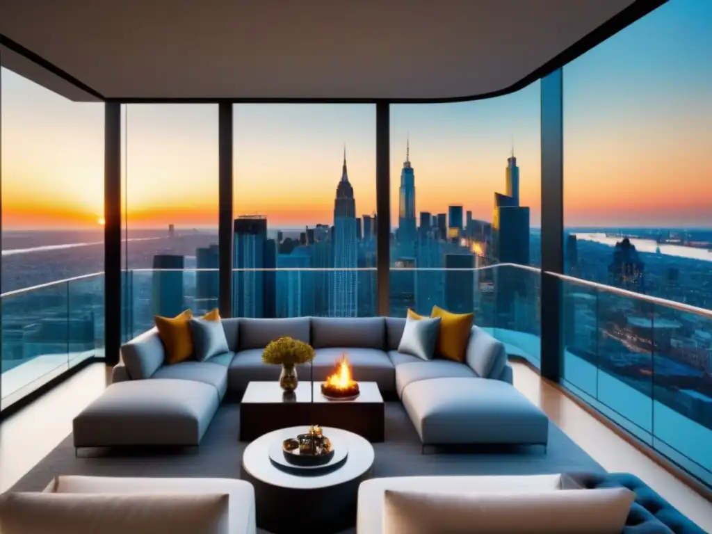 Penthouse de lujo con vista panorámica en la ciudad Invertir en propiedades de lujo: Penthouse moderno con vista panorámica de la ciudad, terraza elegante al atardecer