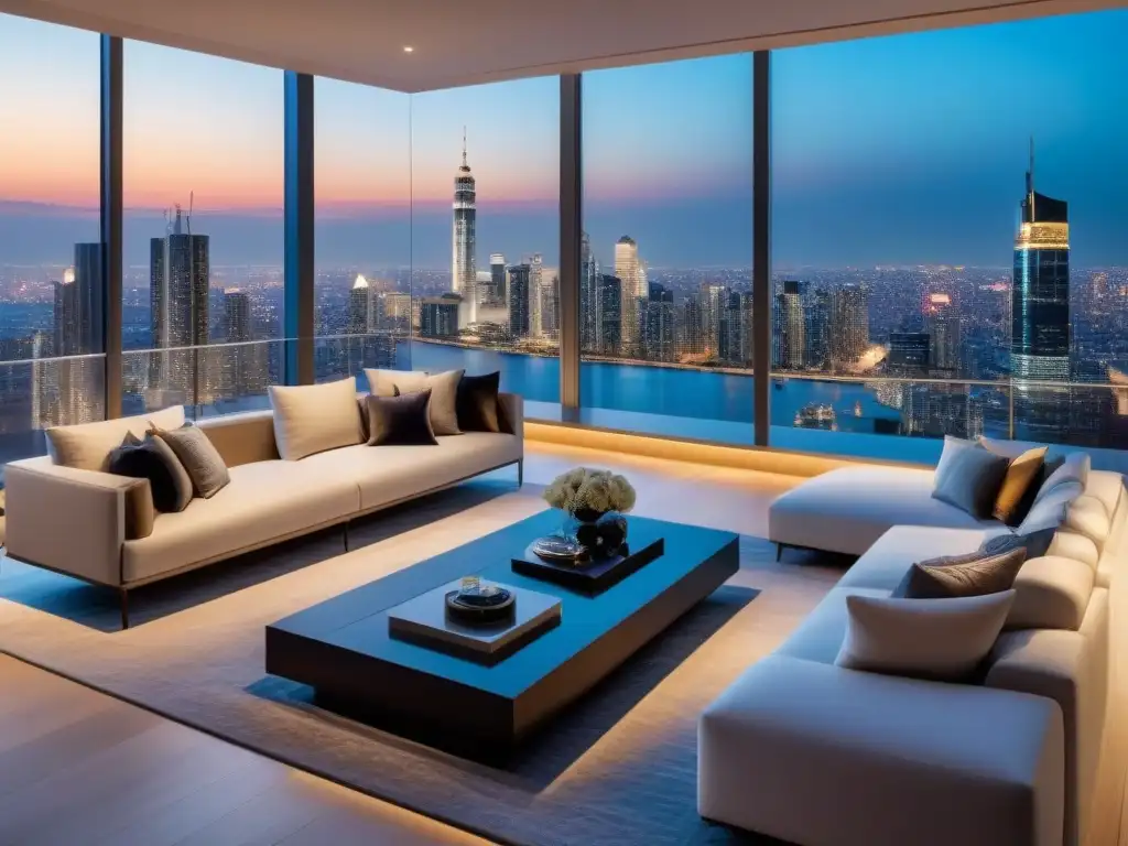 Penthouse de lujo con vista a la ciudad al atardecer Invertir en propiedades de lujo: Penthouse moderno con vista a la ciudad al atardecer y diseño elegante