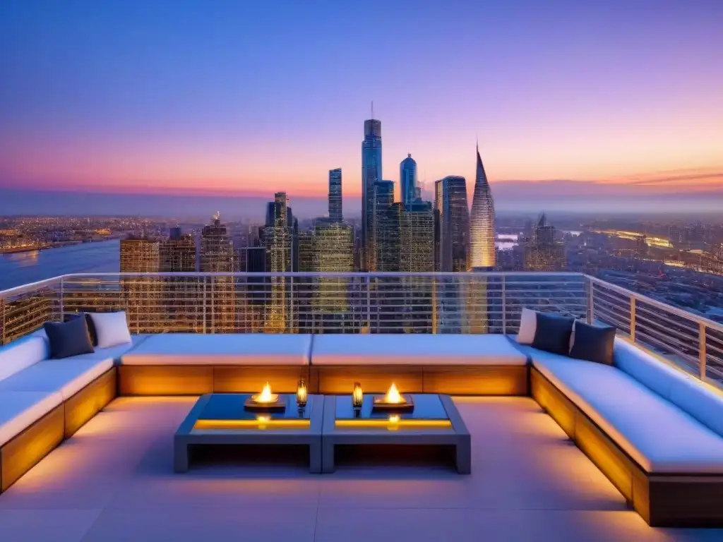 Penthouse de lujo con vista a la ciudad al atardecer Invierte en propiedades de lujo: Penthouse moderno con vista a la ciudad al atardecer y diseño elegante