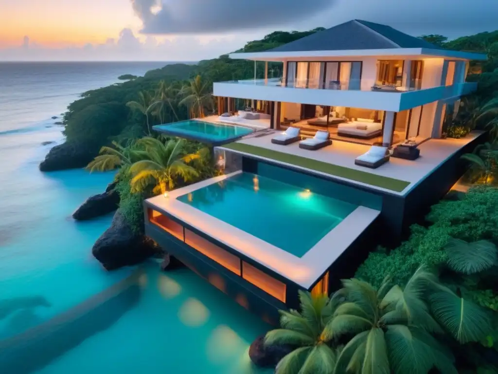 Propiedad de lujo frente al mar en el Caribe al atardecer Inversión en propiedades de lujo: Una propiedad frente al mar con diseño moderno, piscina infinita y vistas al mar turquesa al atardecer