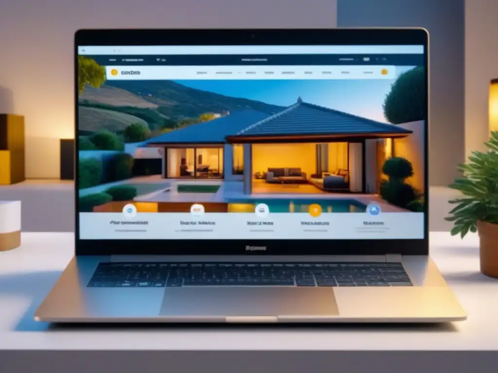 Buscador inmobiliario: propiedades en España Explora propiedades en España online: interfaz moderna mostrando inmobiliaria virtual en laptop