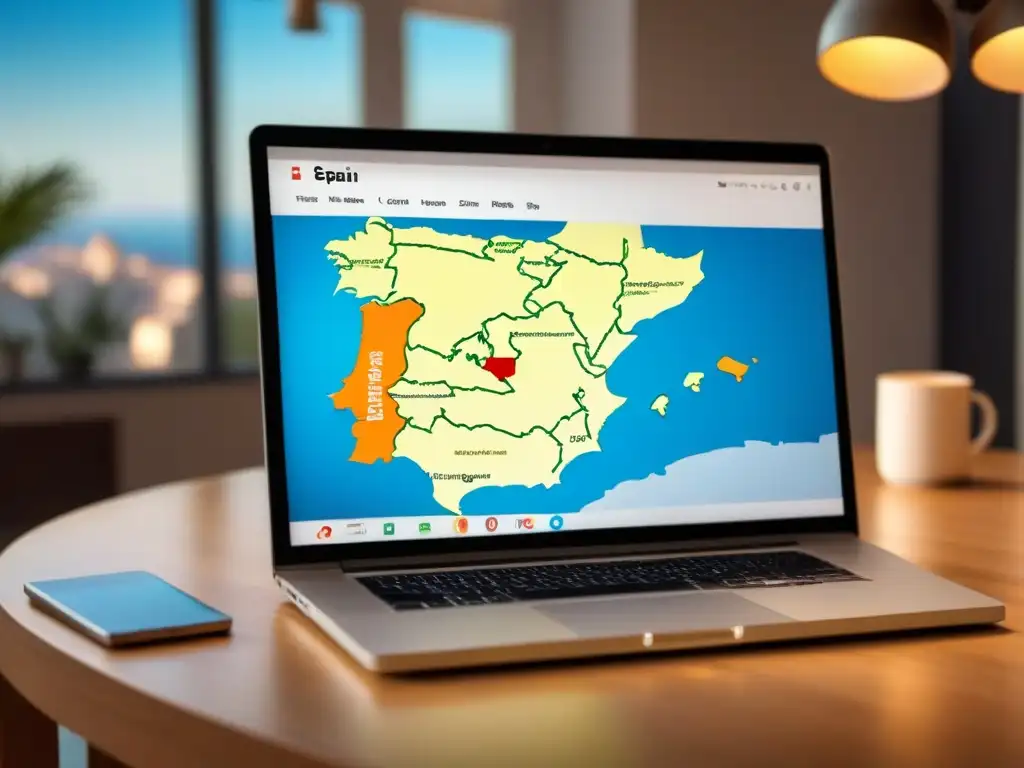 Búsqueda inmobiliaria avanzada en España Explora propiedades en España online: pantalla de ordenador con interfaz inmobiliaria avanzada y mapa de España con listados de propiedades