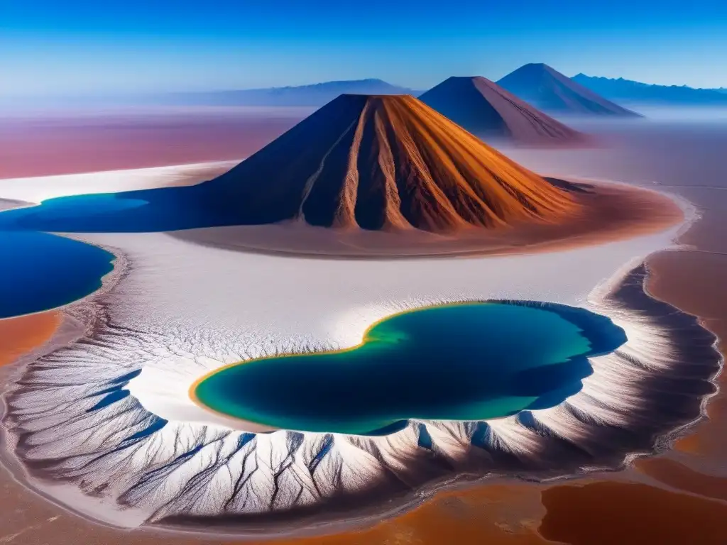 Desierto de Atacama: belleza surrealista en Chile Invertir en propiedades en Chile: panorámica detallada del impresionante Desierto de Atacama con lagunas y volcanes bajo un cielo azul