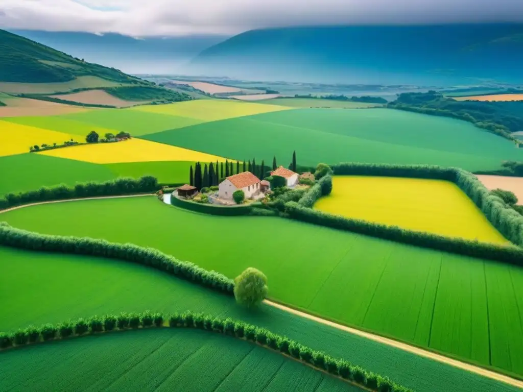 Propiedades rurales en España: Inversión en un paraíso campestre Invertir en propiedades rurales España: Hermosa vista aérea de granjas verdes y casas tradicionales en el campo español