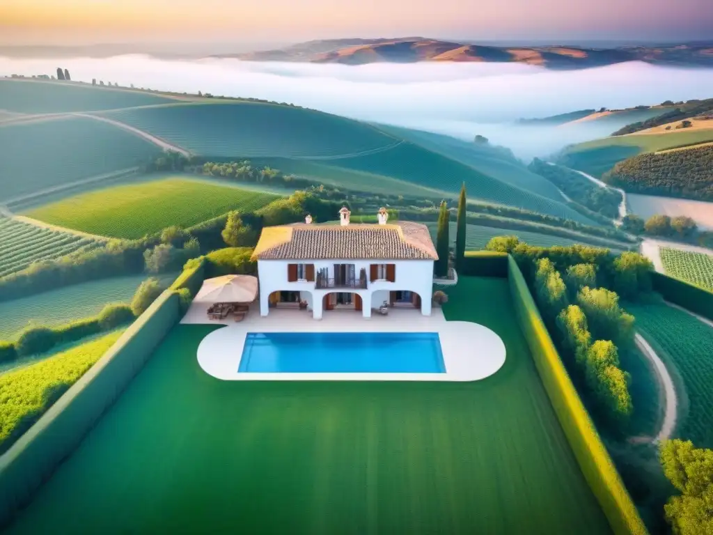 Propiedad rural de lujo en España: ¡Vive la tranquilidad y el lujo! Invertir en propiedades rurales en España: Hermosa finca rural en España con casa tradicional, piscina y viñedo bajo cielo azul