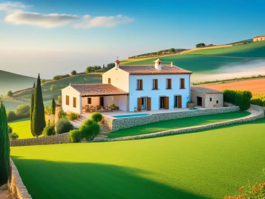 Granja renovada en el campo de España: encanto rural y serenidad Invertir en propiedades rurales España: Hermosa casa rural renovada rodeada de campos verdes y colinas bajo un cielo azul