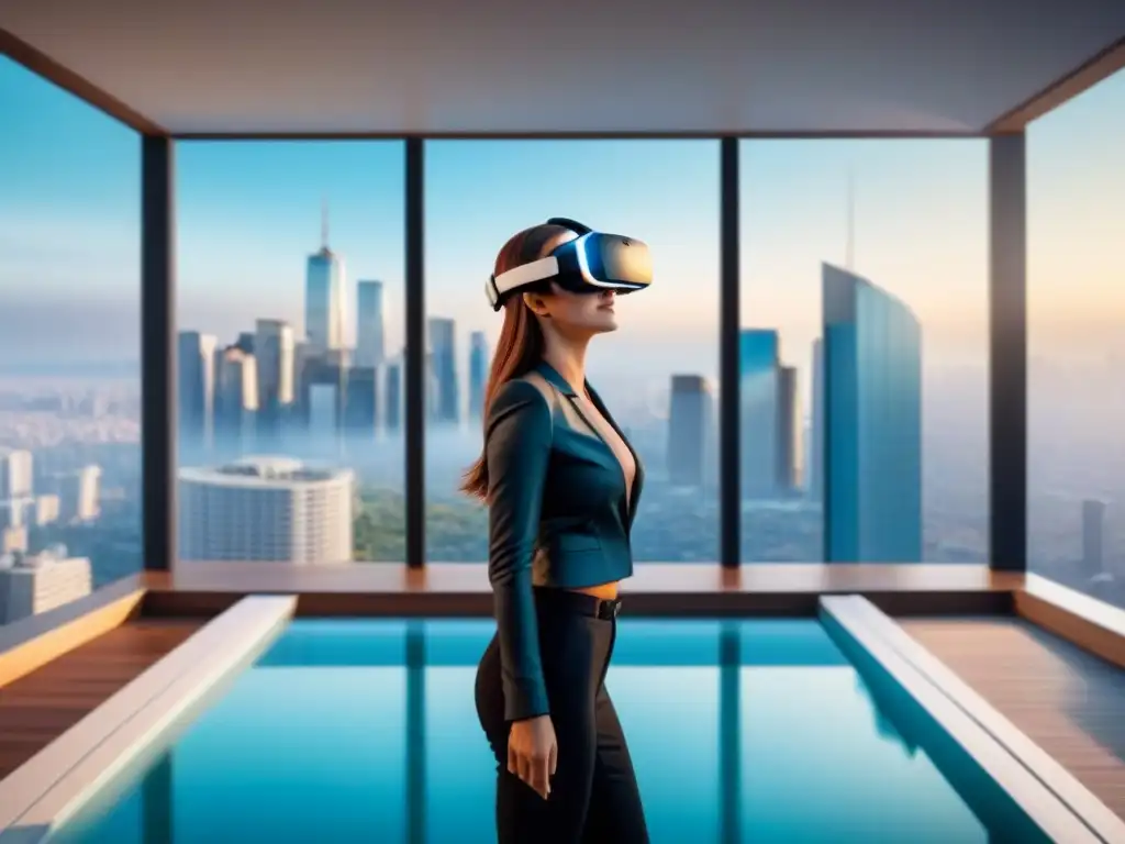 Realidad virtual inmersiva: Lujo moderno en 3D Explora valoración propiedades tecnologías emergentes con casco de realidad virtual mostrando lujosa propiedad moderna en 3D