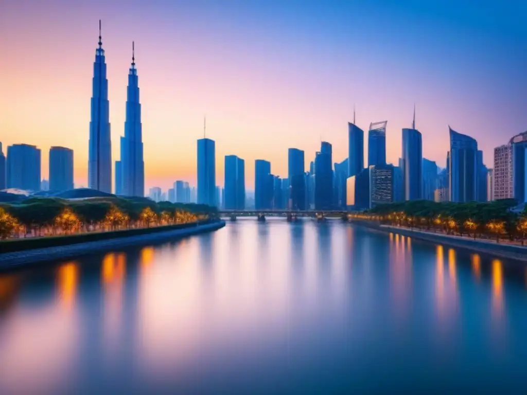 Horizonte urbano moderno al atardecer: prosperidad y sofisticación Invertir en propiedades a través de crowdfunding: Vista urbana al atardecer, edificios altos y modernos iluminados sobre un río sereno