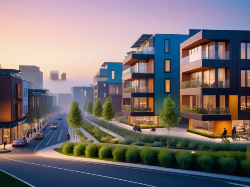 Deslumbrante desarrollo urbano en crepúsculo: modernidad y vida en armonía Inversión en propiedades de uso mixto: Una ciudad vibrante al anochecer con arquitectura contemporánea y espacios verdes iluminados