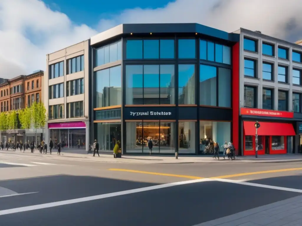 Esquina urbana vibrante: desarrollo mixto contemporáneo reflejando la diversidad de negocios y viviendas Inversión en propiedades de uso mixto: Esquina urbana vibrante con moderno desarrollo de vidrio y diversidad de negocios