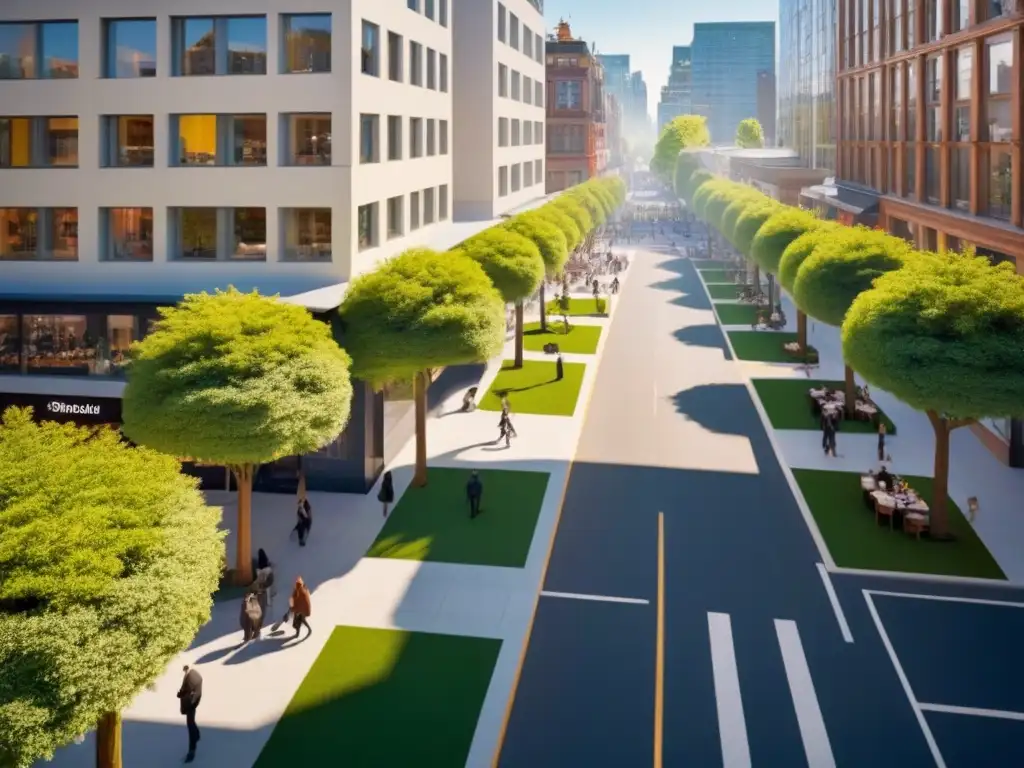 Cityscape armonioso: Integración perfecta de trabajo y vivienda en la ciudad Inversión en propiedades de uso mixto: Ciudad vibrante con arquitectura moderna, calles arboladas y cafés al aire libre