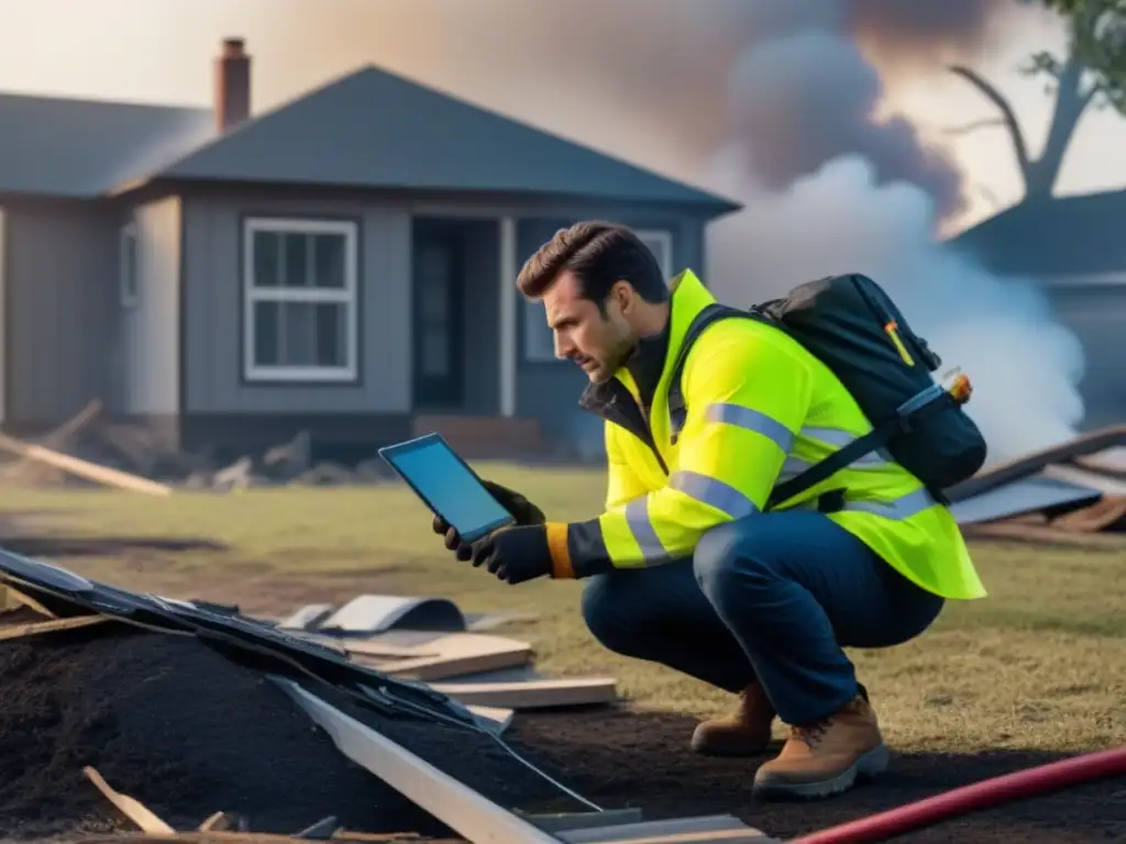 Inspección meticulosa: dueño evalúa daños con tecnología Propietario de vivienda inspecciona daños con tecnología posdesastre