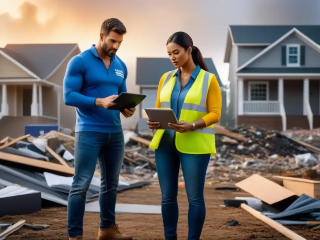 Reconstrucción tras desastre: comunidad unida y esperanza Propietario de vivienda siniestrada con guía rápida para reconstruir, rodeado de apoyo comunitario
