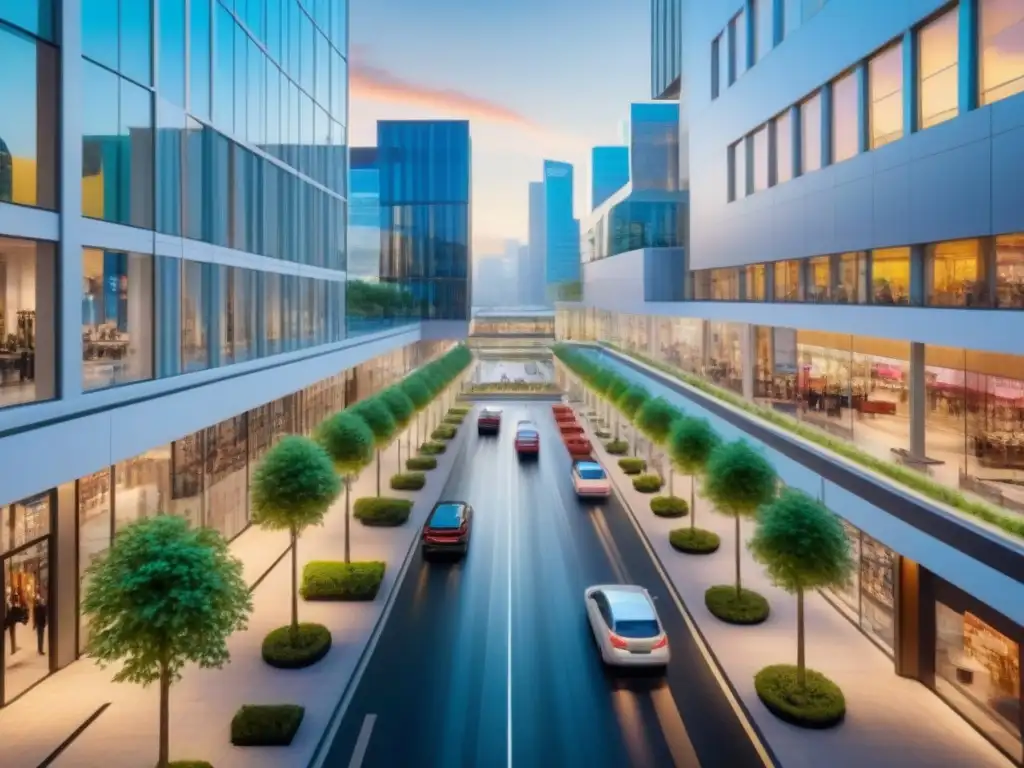 Centro comercial vibrante: inversión urbana de alto impacto Un próspero centro comercial con arquitectura moderna y bulliciosa actividad urbana