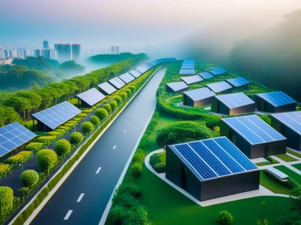 Urbanismo sostenible: armonía entre naturaleza y arquitectura Un proyecto urbano sostenible que cumple normativas ambientales en inmobiliarias, con modernos edificios rodeados de vegetación y paneles solares