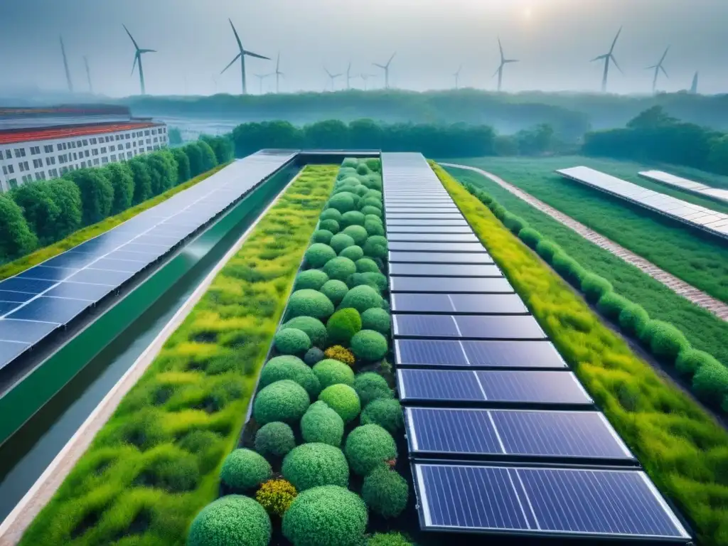 Jardín verde en techo: fusión de naturaleza y tecnología Invertir en proyectos infraestructura verde: Jardín en la azotea de un edificio moderno con energía renovable