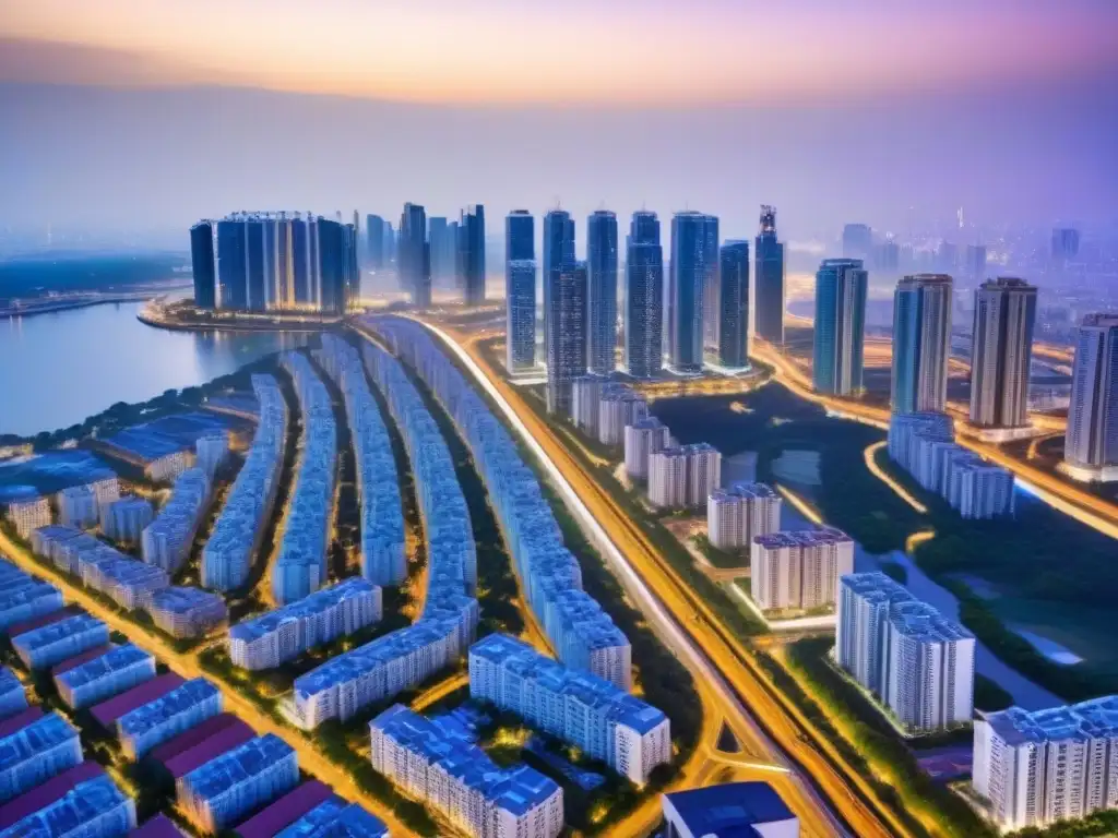 Metropolis innovadora: gestión avanzada de proyectos inmobiliarios Gestión de proyectos inmobiliarios avanzada: vista aérea de una ciudad moderna y vibrante con rascacielos y edificios residenciales contemporáneos