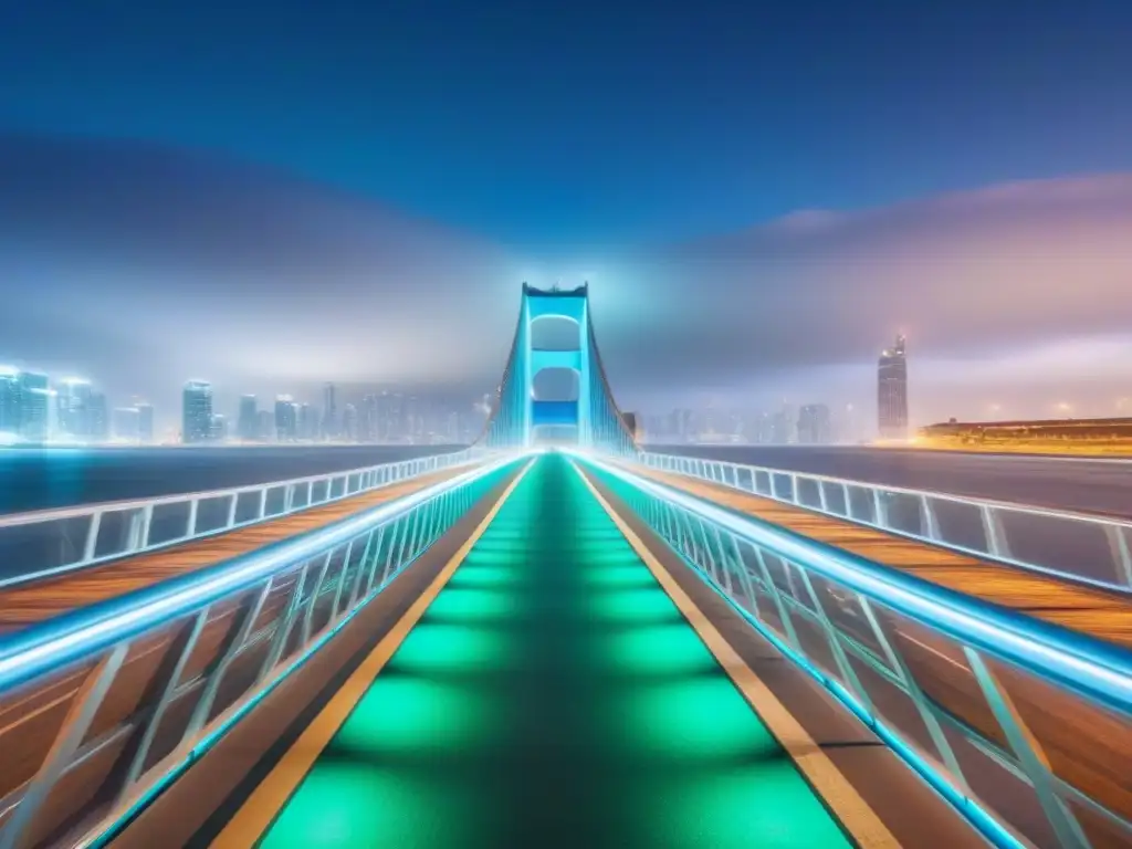 Puente hipotecario: conexión entre mercados inmobiliarios Un puente de cristal y acero conecta vibrantes mercados inmobiliarios, simbolizando soluciones hipotecas puente