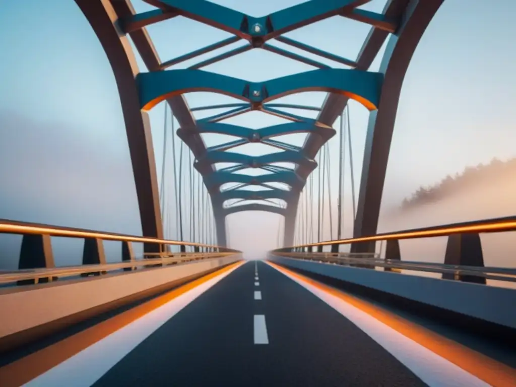 Puente futurista iluminado con diseño innovador en materiales de vanguardia Puente futurista iluminado, mezcla materiales tradicionales y modernos