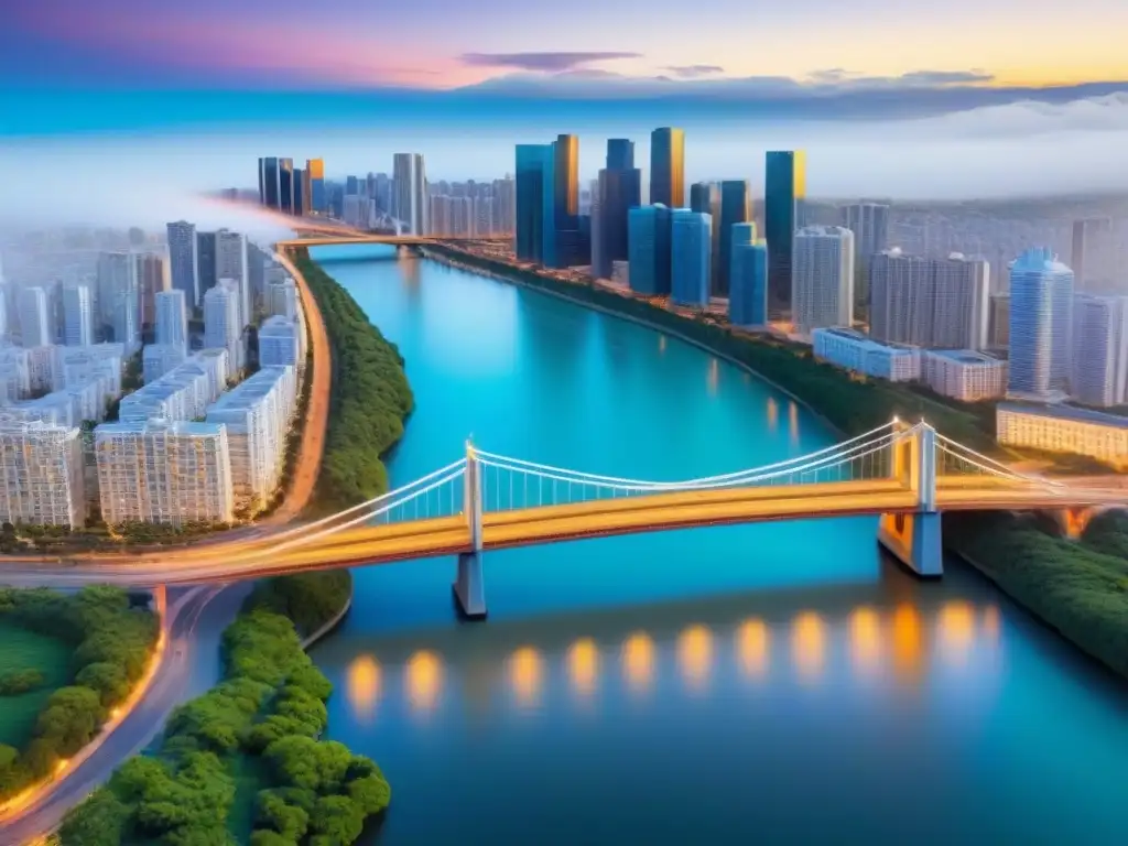 Puente Hipotecario: Conectando Mercados Inmobiliarios Un puente entre mercados inmobiliarios, con compradores y vendedores, simbolizando soluciones hipotecas puente mercado inmobiliario