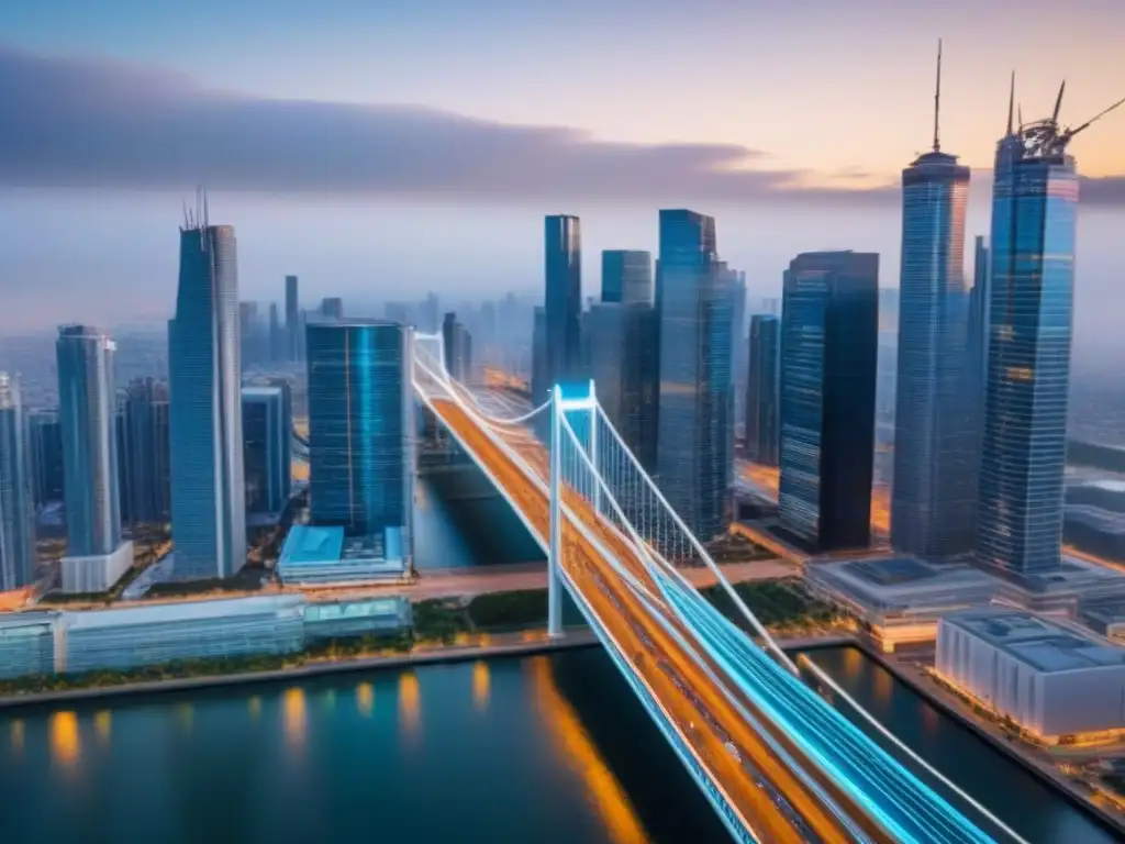 Conectando mercados inmobiliarios: Hipoteca Puente Un puente moderno conecta dos vibrantes mercados inmobiliarios, transmitiendo soluciones hipotecas puente