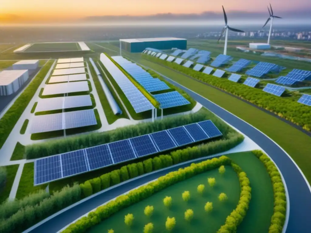 Ciudad sostenible: armonía entre naturaleza y tecnología al atardecer Puesta de sol en comunidad sustentable con techos verdes, paneles solares y turbinas eólicas, reflejando la planificación comunidades sustentables