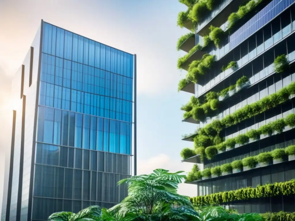 Eco rascacielos futurista: diseño sostenible en la ciudad Un rascacielos ecoamigable futurista rodeado de vegetación, paneles solares relucientes y diseño sostenible