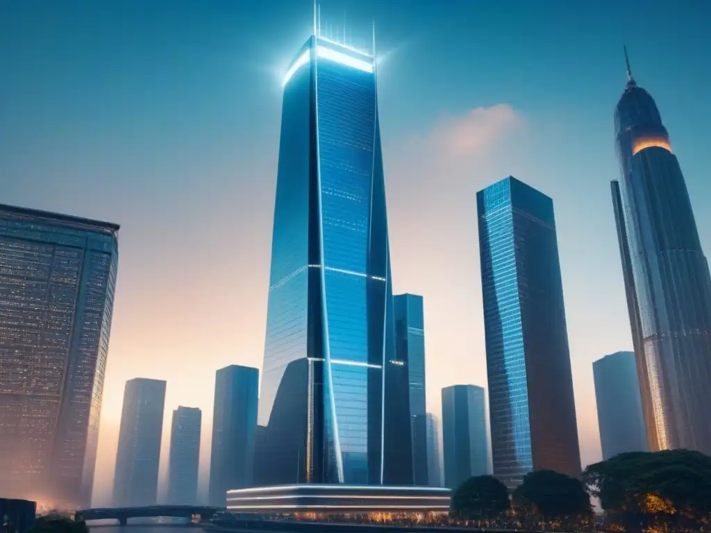 Rascacielos futurista en ciudad financiera Rascacielos futurista en ciudad emergente, simbolizando inversión en propiedades de lujo y financiamiento innovador
