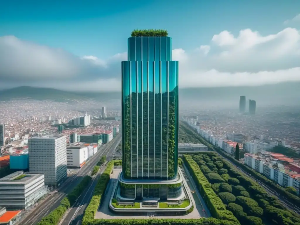 Rascacielos futurista en Ciudad de México: diseño innovador a 8k Un rascacielos futurista en la Ciudad de México con diseño innovador integrando vegetación, reflejando tendencias mercado inmobiliario México