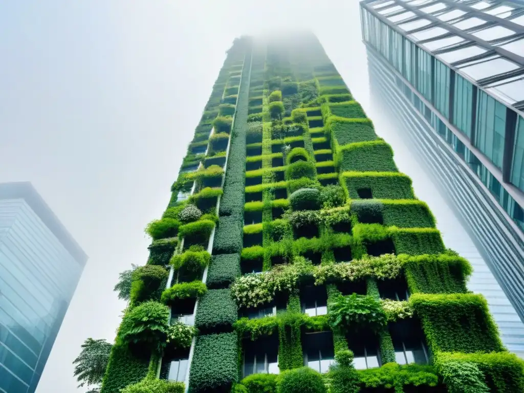 Espectacular rascacielos futurista con jardines verticales exuberantes Un rascacielos futurista cubierto de exuberantes jardines verticales que descienden en una cascada de vegetación