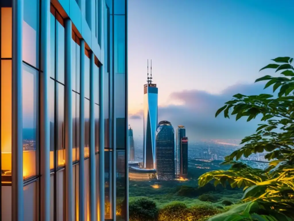 Rascacielos futurista: innovación y sofisticación inmobiliaria Un rascacielos futurista con fachada de vidrio reflejando el horizonte urbano al atardecer, rodeado de vegetación y diseño vanguardista