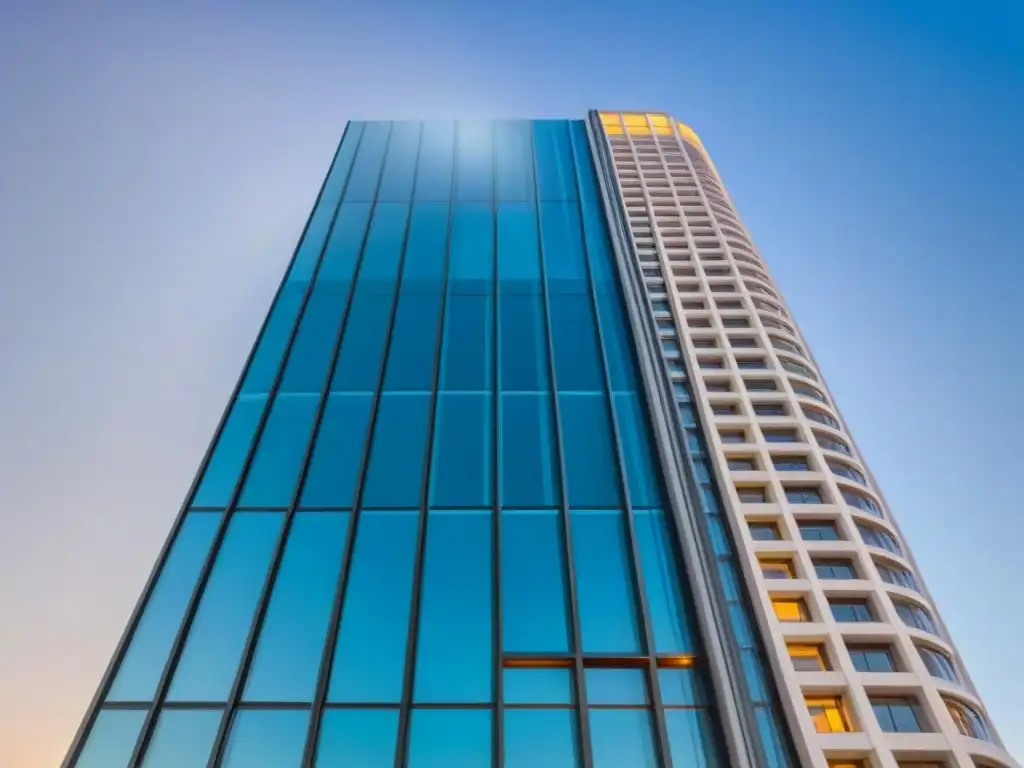 Rascacielos futurista: innovación y modernidad Un rascacielos futurista con una fachada de vidrio reflejando el paisaje, simbolizando la importancia de la TIR inmobiliaria