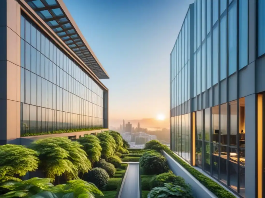 Edificio futurista de cristal en entorno urbano y natural al atardecer Un rascacielos futurista rodeado de naturaleza y una ciudad bulliciosa al atardecer