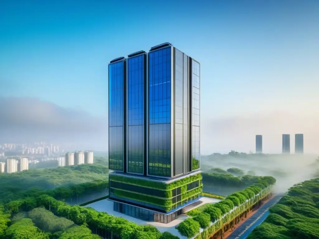 Rascacielos futurista: diseño innovador y sostenible Un rascacielos futurista rodeado de vegetación, con paneles solares y jardines en la azotea
