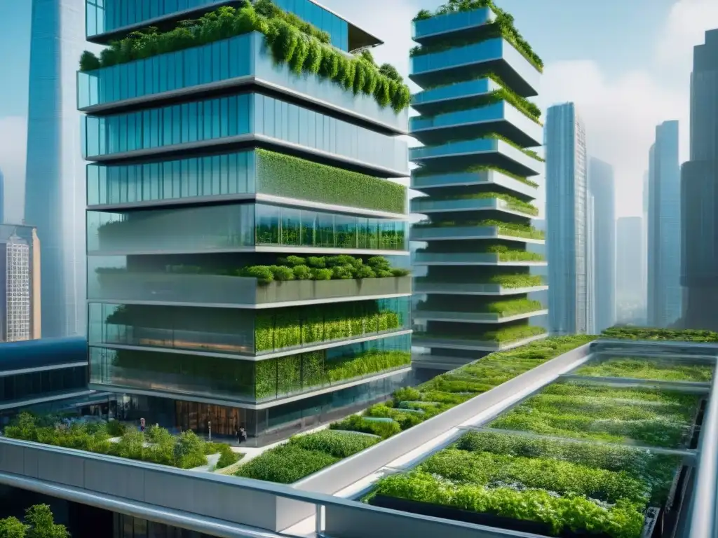 Rascacielos futurista sostenible integrado en la ciudad verde Un rascacielos futurista sostenible se fusiona con el paisaje urbano, destacando la tendencia de inversiones sostenibles mercado inmobiliario