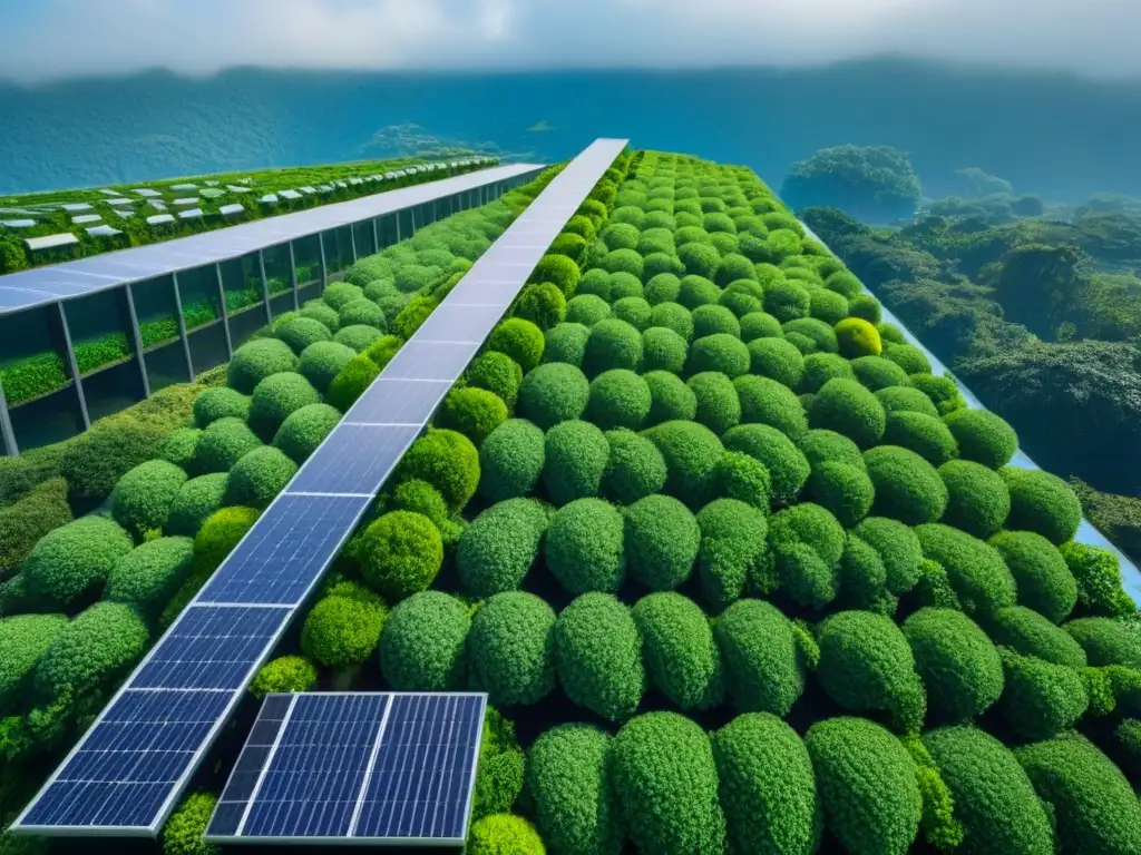 Rascacielos sostenible: arquitectura eco en armonía con la naturaleza Un rascacielos futurista sostenible rodeado de vegetación, con paneles solares brillando bajo un cielo azul